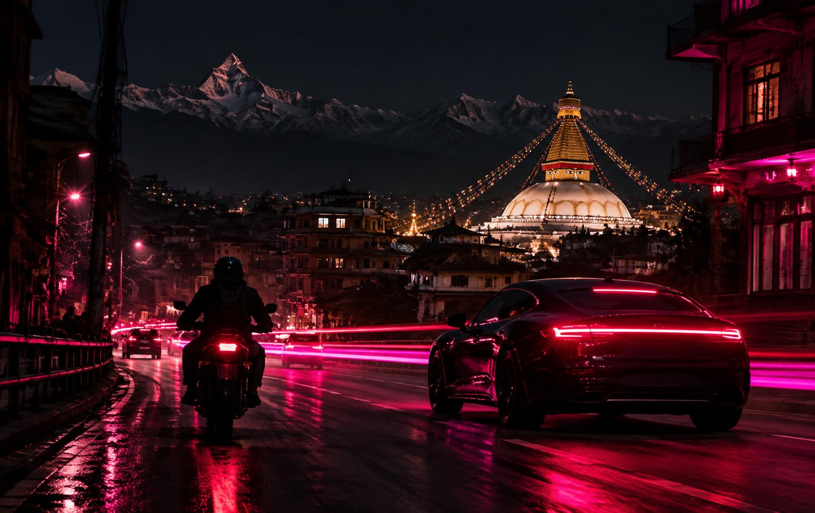 Nepal Rider bike and car in Kathmandu